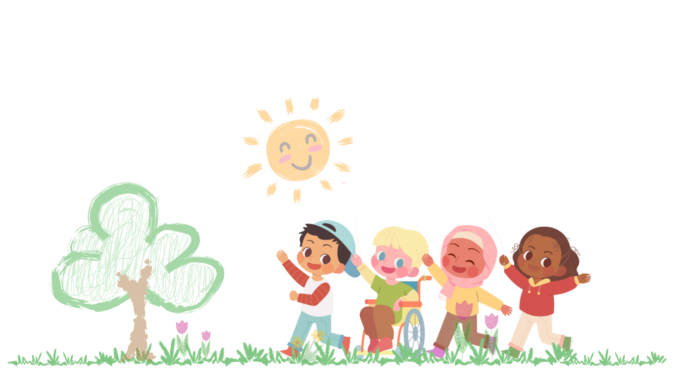 4 kids of diversity walking in the grass towards a tree with a sun beaming with a smile above.